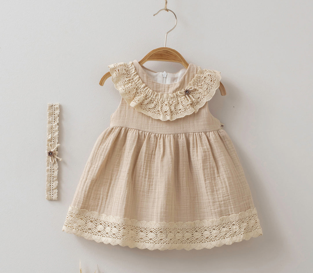 Baby Girl Sleeveless Muslin Dress with Headband - 3644