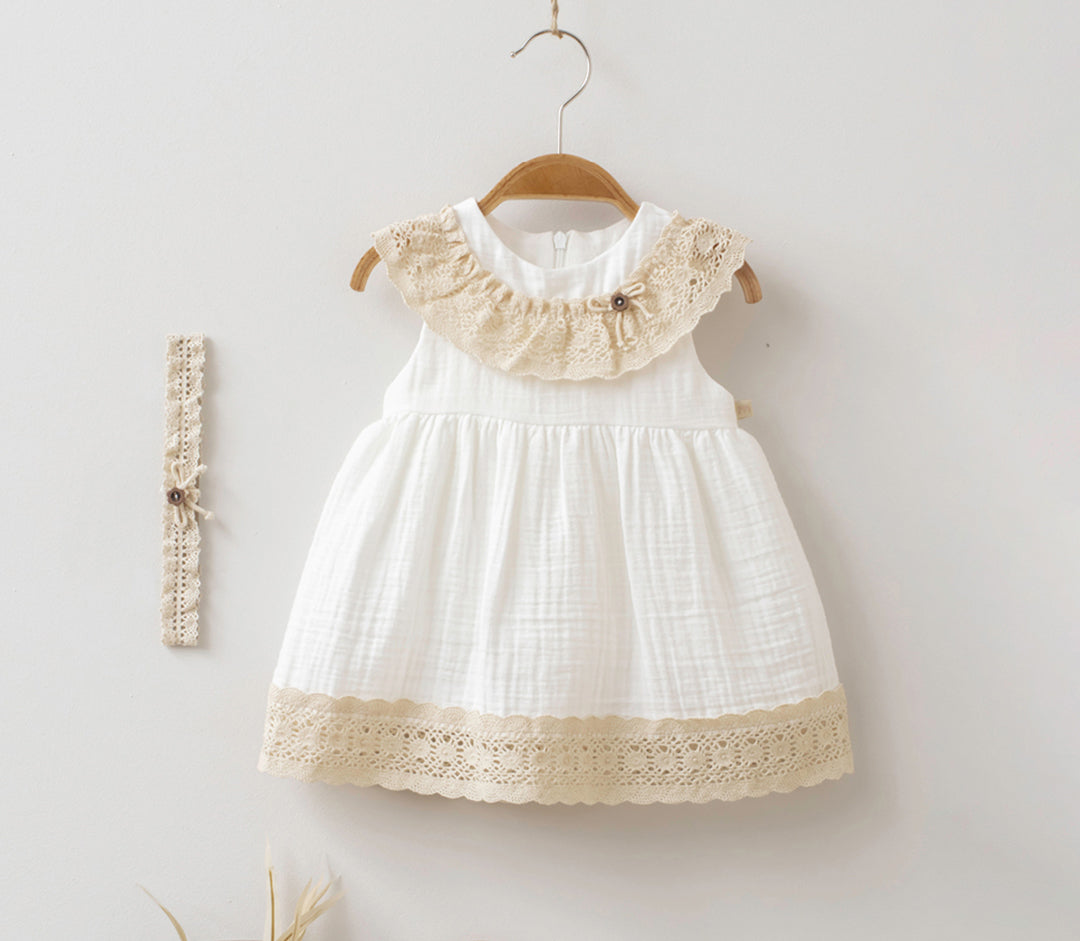 Baby Girl Sleeveless Muslin Dress with Headband - 3644