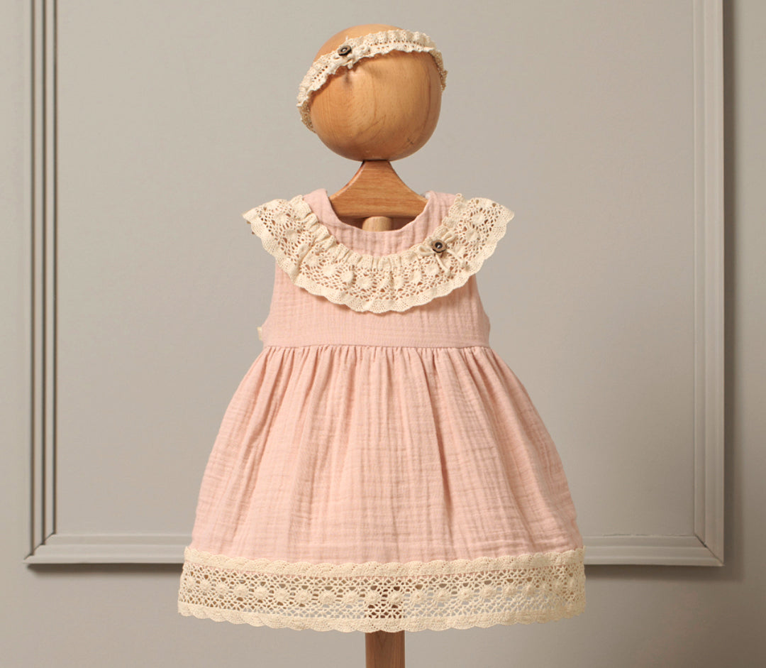 Baby Girl Sleeveless Muslin Dress with Headband - 3644