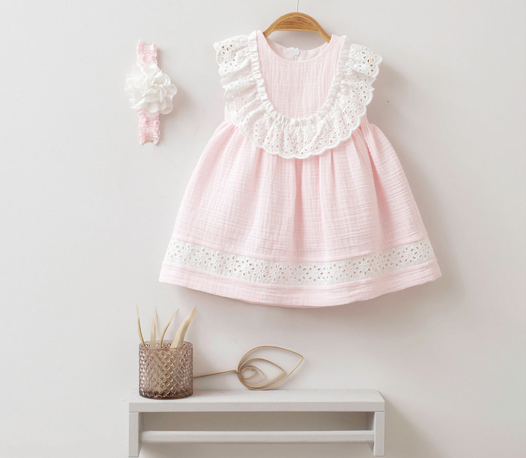 Robe d'été en mousseline bébé fille avec dentelle et bandeau - 3658