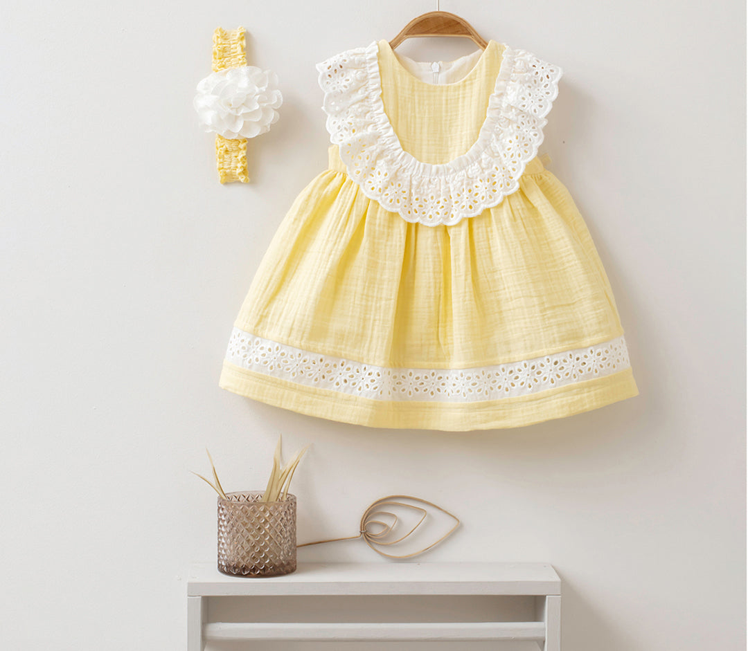 Robe d'été en mousseline bébé fille avec dentelle et bandeau - 3658