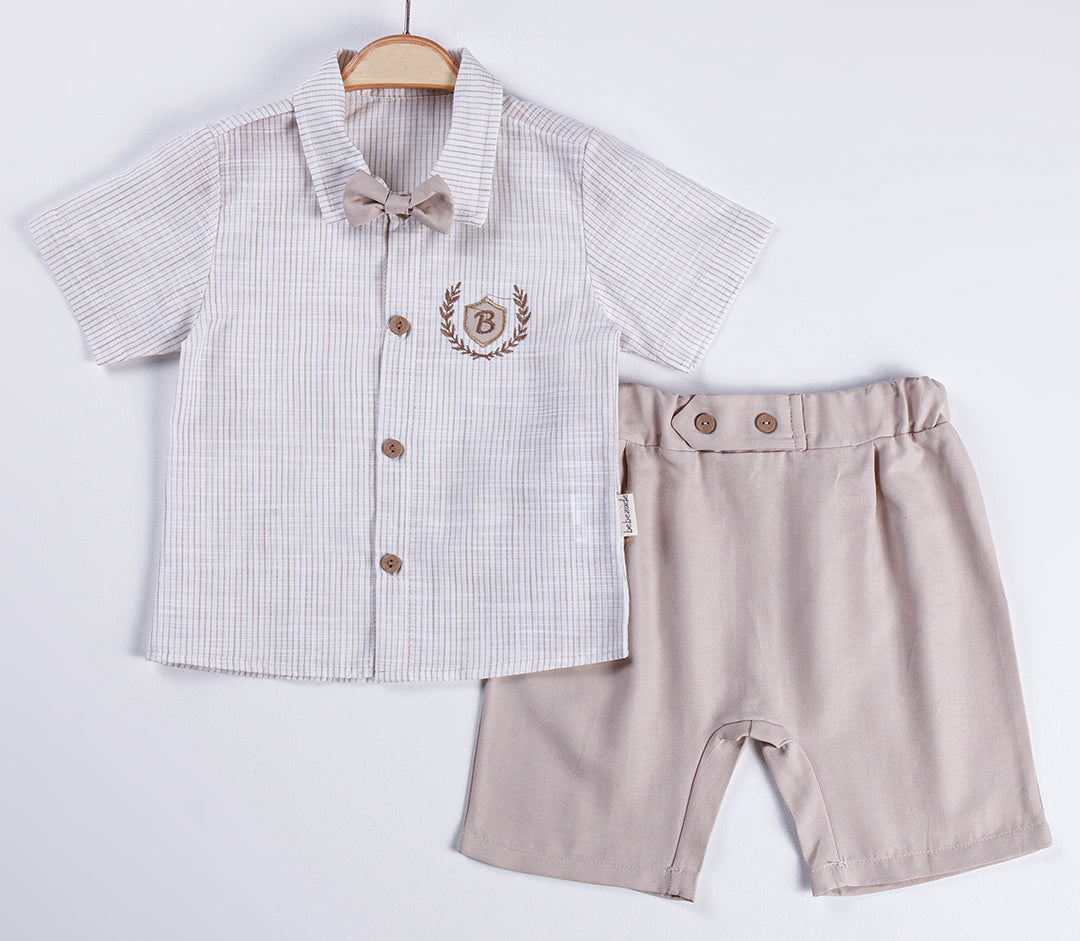 Bébé garçon 3 pièces. Ensemble chemise et short avec nœud papillon 100% Coton -620